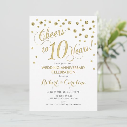 Invitation pour les 10 ans de mariage - Or & Blanc (Debout devant)