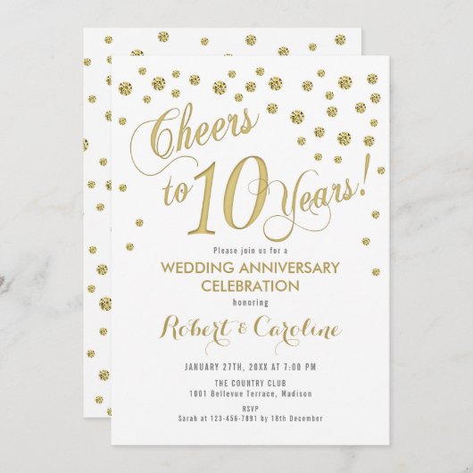 Invitation pour les 10 ans de mariage - Or & Blanc (Devant / Derrière)