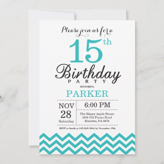 Invitation pour les 15 ans avec Chevron sarcelle (Devant)