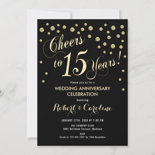 Invitation pour les 15 ans de mariage - Noir et or (Devant)