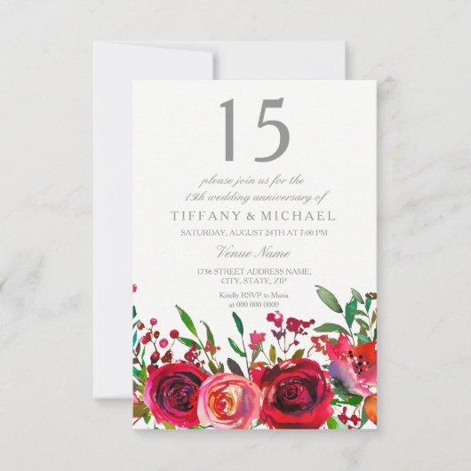 Invitation pour les 15 ans de mariage Rose Rouge R (Devant)