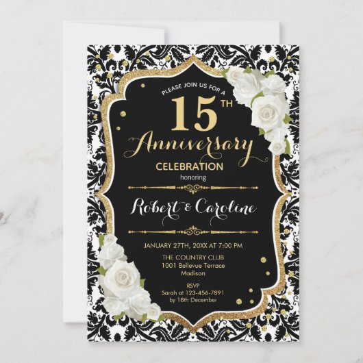 Invitation pour les 15 ans - Noir Blanc Or (Devant)