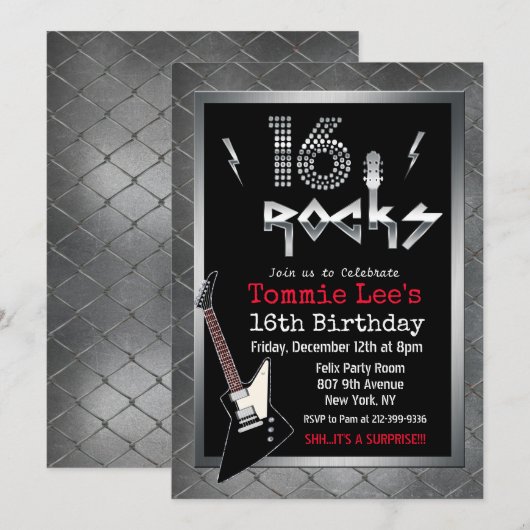 Invitation pour les 16 ans Rockstar Guitar (Devant / Derrière)