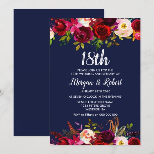 Invitation pour les 18 ans de mariage à fleurs ble (Devant / Derrière)