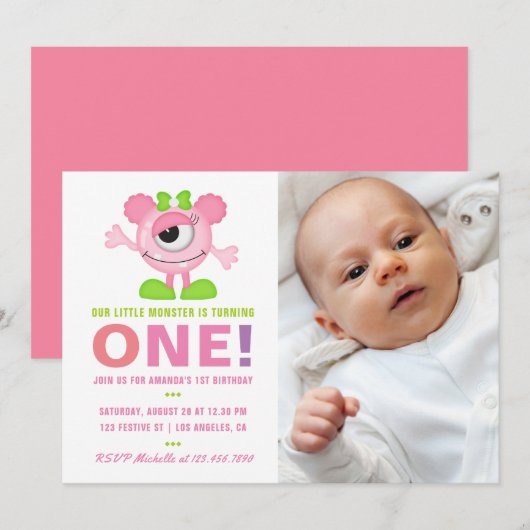 Invitation pour les 1 an de bébé fille petit monst (Devant / Derrière)