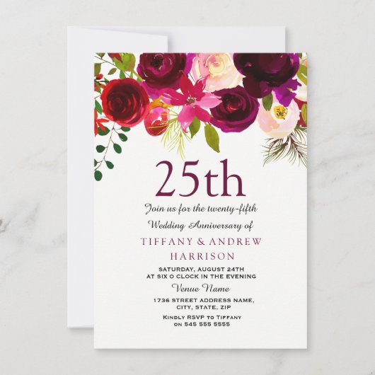 Invitation pour les 25 ans de mariage avec fleurs  (Devant)