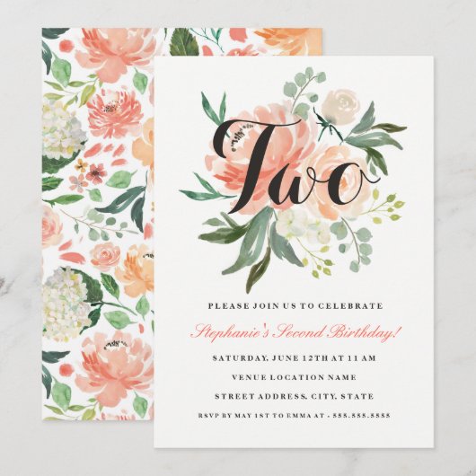 Invitation pour les 2 ans avec fleurs rose pêche (Devant / Derrière)