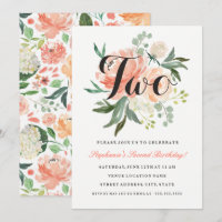 Invitation pour les 2 ans avec fleurs rose pêche