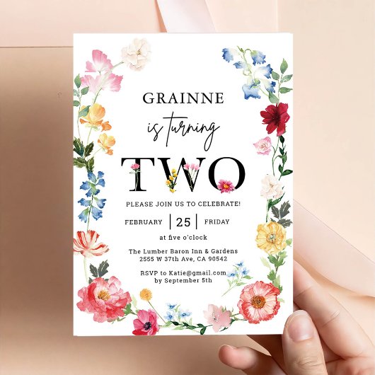 Invitation pour les 2 ans de Thème Fille Fleur Sau