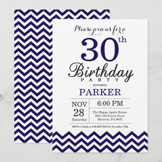 Invitation pour les 30 ans avec Chevron Bleu Marin (Devant / Derrière)