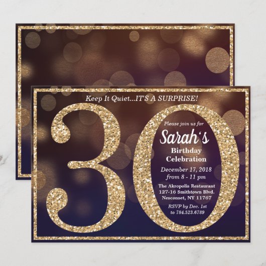 Invitation pour les 30 ans avec paillettes pour un (Devant / Derrière)