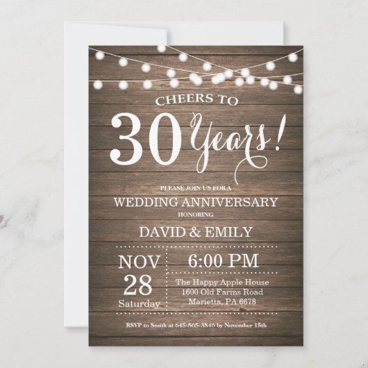 Invitation pour les 30 ans de mariage en bois rust (Devant)