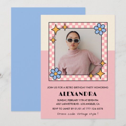 Invitation pour les 35 ans Retro Groovy Fleurs Ros (Devant / Derrière)