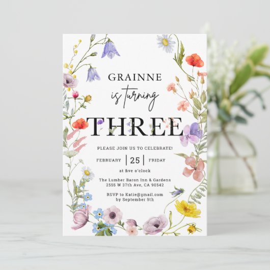 Invitation pour les 3 ans de la fille thème Wildfl (Debout devant)