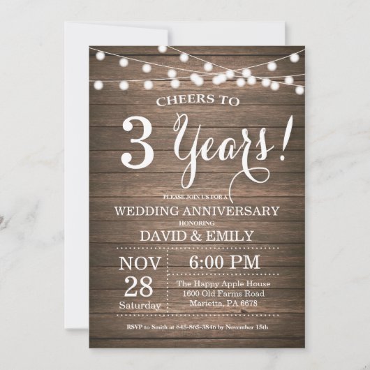 Invitation pour les 3 ans de mariage en bois rusti (Devant)