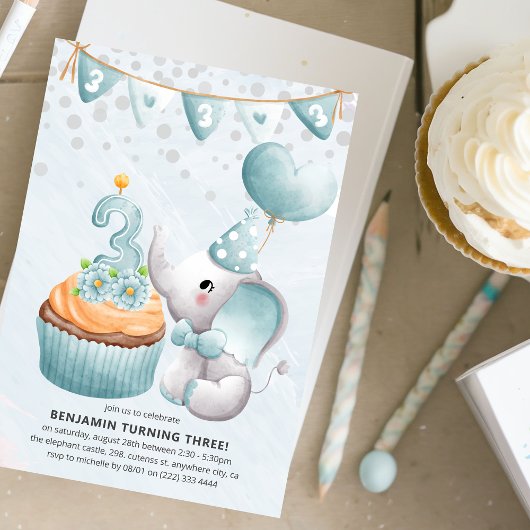 Invitation pour les 3 ans du petit garçon éléphant