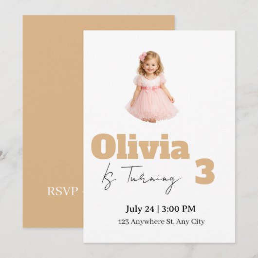 Invitation pour les 3 ans d'une fille (Devant / Derrière)