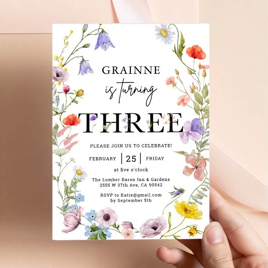 Invitation pour les 3 ans d'une fille thème Wildfl
