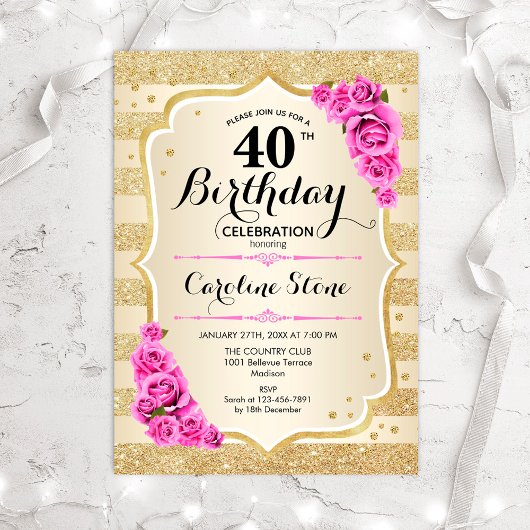 Invitation pour les 40 ans - Bandes dorées Roses r