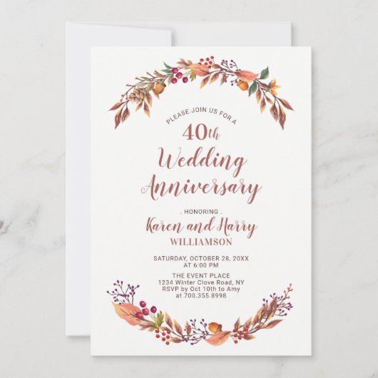 Invitation pour les 40 ans de mariage à thème flor (Devant)