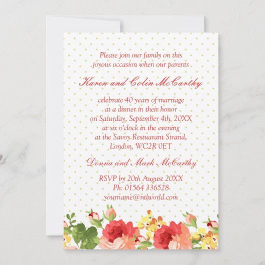 Invitation pour les 40 ans de mariage avec des ros (Dos)