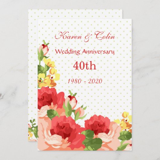 Invitation pour les 40 ans de mariage avec des ros (Devant / Derrière)