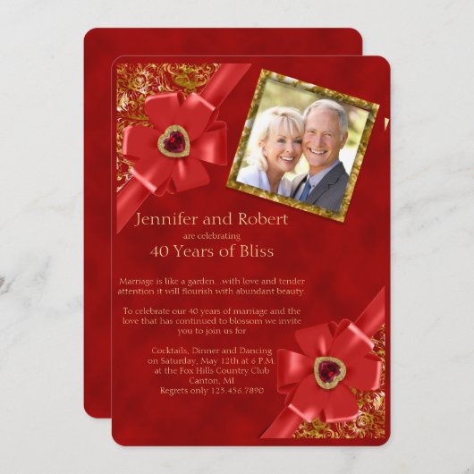 Invitation pour les 40 ans de mariage Rouge et Or (Devant / Derrière)