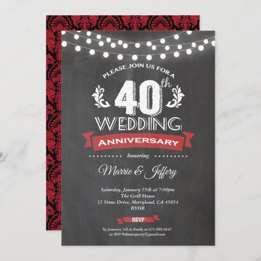Invitation pour les 40 ans de mariage. Rubis rouge (Devant / Derrière)