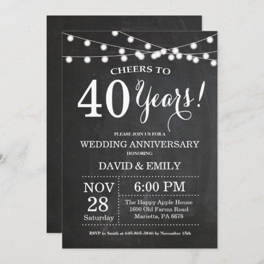 Invitation pour les 40 ans de mariage tableau noir (Devant / Derrière)