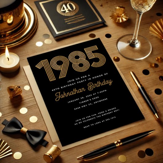 Invitation pour les 40 ans en faux or noir 1985