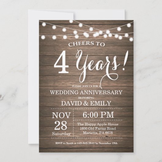 Invitation pour les 4 ans de mariage en bois rusti (Devant)