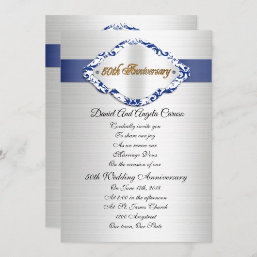 Invitation pour les 50 ans de mariage bleu et blan (Devant / Derrière)