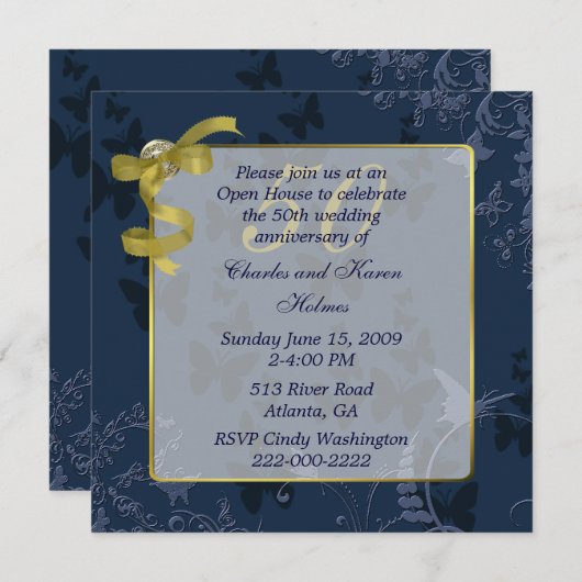 Invitation pour les 50 ans de mariage Bleu & Or (Devant / Derrière)