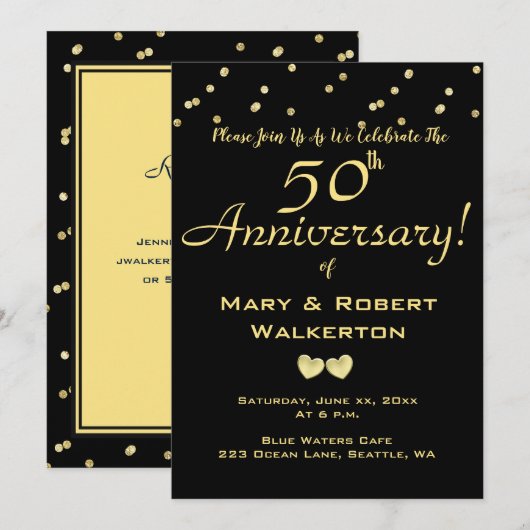 Invitation pour les 50 ans de mariage - Cœurs d'or (Devant / Derrière)