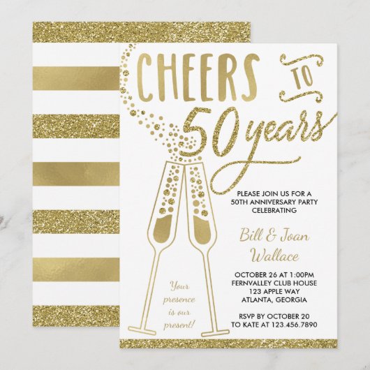 Invitation pour les 50 ans de mariage, Faux Glitte (Devant / Derrière)