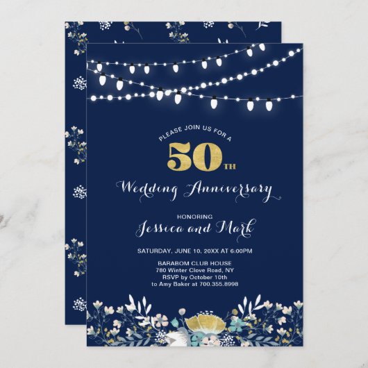 Invitation pour les 50 ans de mariage Navy & Or (Devant / Derrière)