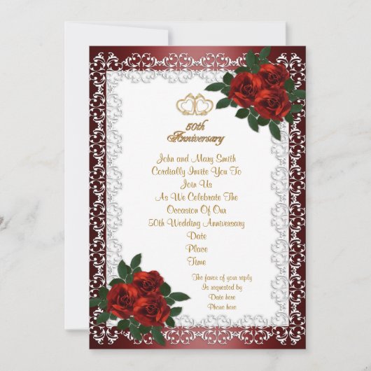 Invitation pour les 50 ans de mariage roses rouges (Devant)