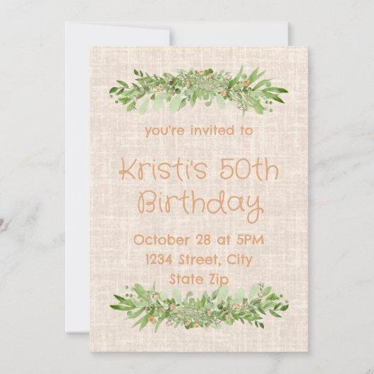 Invitation pour les 50 ans – Linen Greenery | Cinq (Devant)