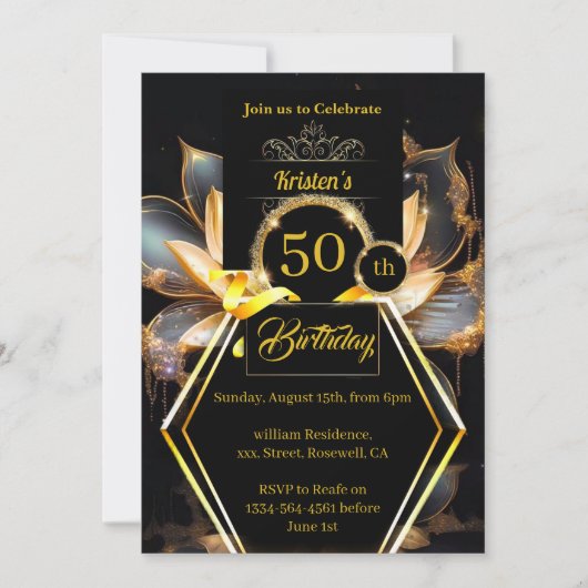 Invitation pour les 50 ans, noir et or (Devant)