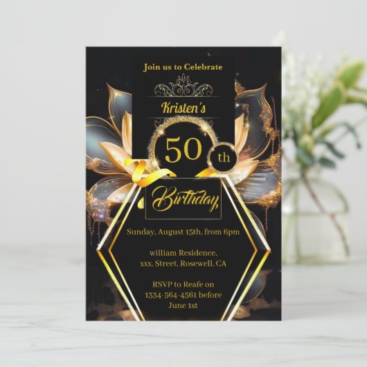 Invitation pour les 50 ans, noir et or (Debout devant)