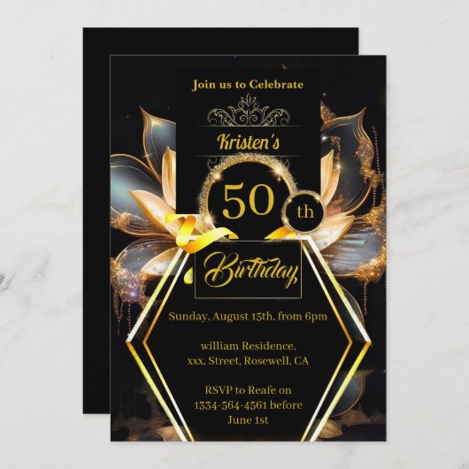 Invitation pour les 50 ans, noir et or (Devant / Derrière)