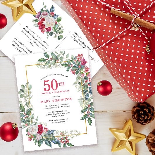 Invitation pour les 50 ans Rose Fleurie Rouge Blan