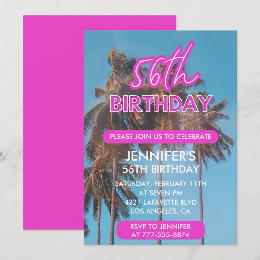 Invitation pour les 56 ans Palmier rose d'été (Devant / Derrière)