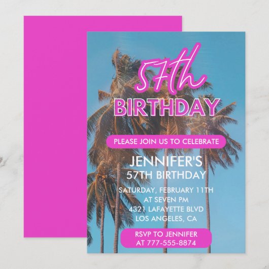 Invitation pour les 57 ans Été Rose Palmier (Devant / Derrière)