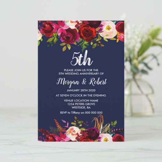 Invitation pour les 5 ans de mariage à fleurs bleu (Debout devant)