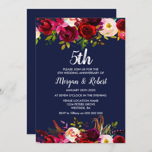 Invitation pour les 5 ans de mariage à fleurs bleu (Devant / Derrière)