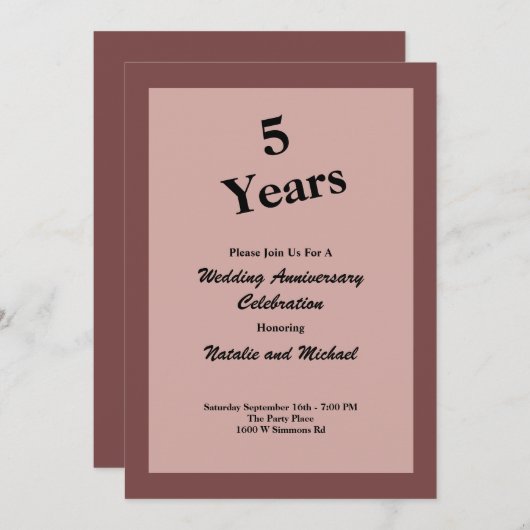 Invitation pour les 5 ans de mariage Cinnamon Rose (Devant / Derrière)