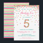 Invitation pour les 5 ans des filles  fête d'anniv<br><div class="desc">Célébrez le cinquième anniversaire de votre enfant avec des confettis colorés or, rose, menthe et sarcelle sur ces cartons d'invitation pour un 5ème anniversaire ! Ils comportent les détails de la fête de votre fille et un "5" en confettis. Le titre indique "Oh Me, Oh My !" (Oh mon dieu...</div>