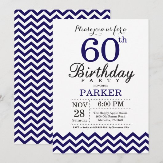 Invitation pour les 60 ans avec Chevron Bleu Marin (Devant / Derrière)