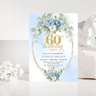 Invitation pour les 60 ans avec motif floral bleu